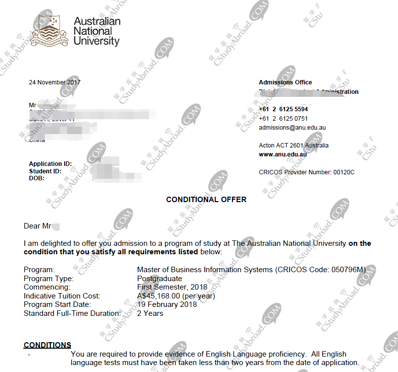 恭喜李同学获得澳洲国立大学商务信息系统offer！