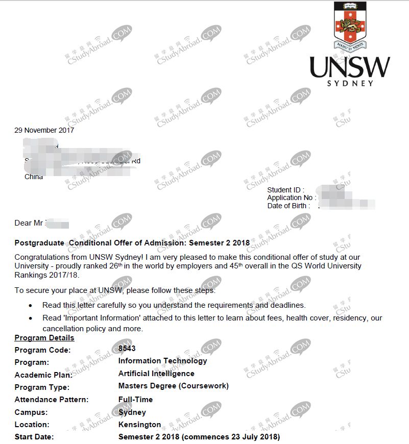 恭喜张同学获得新南威尔士大学IT硕士offer！
