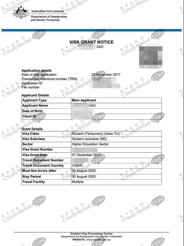 恭喜高同学获得澳洲500学生签证！
