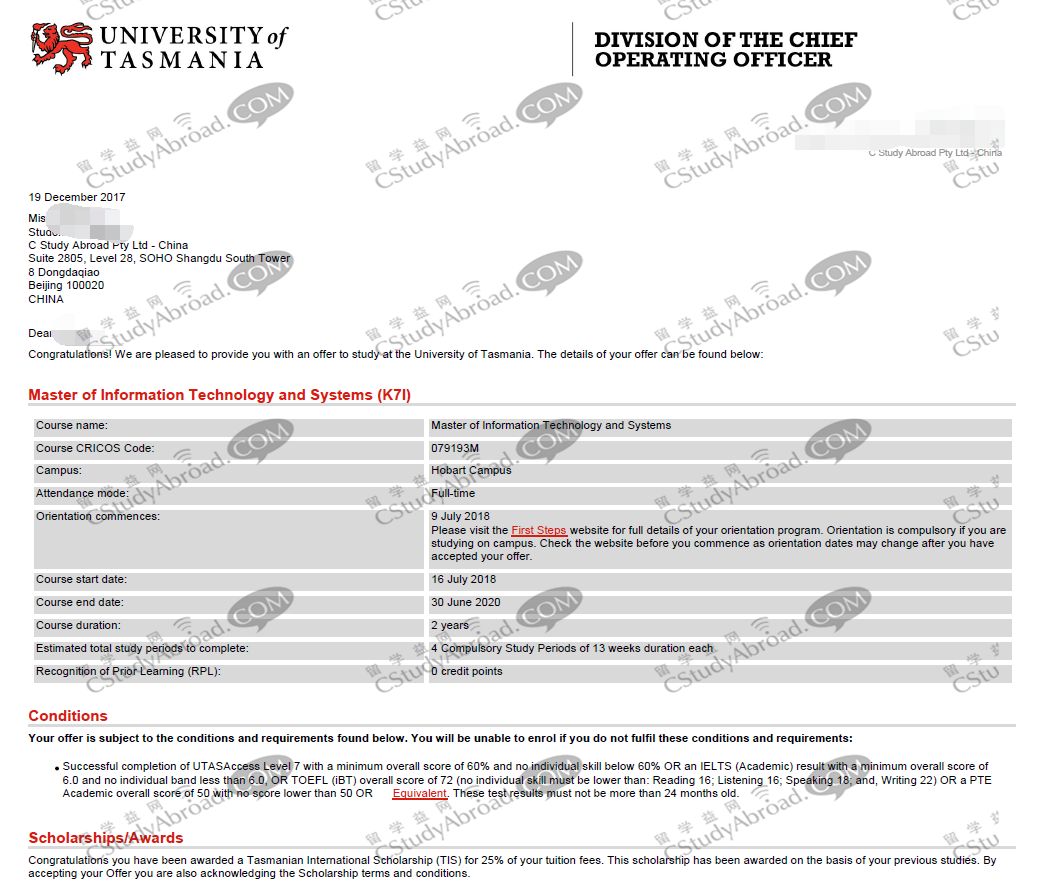 恭喜徐同学获得塔斯马尼亚大学IT硕士offer！