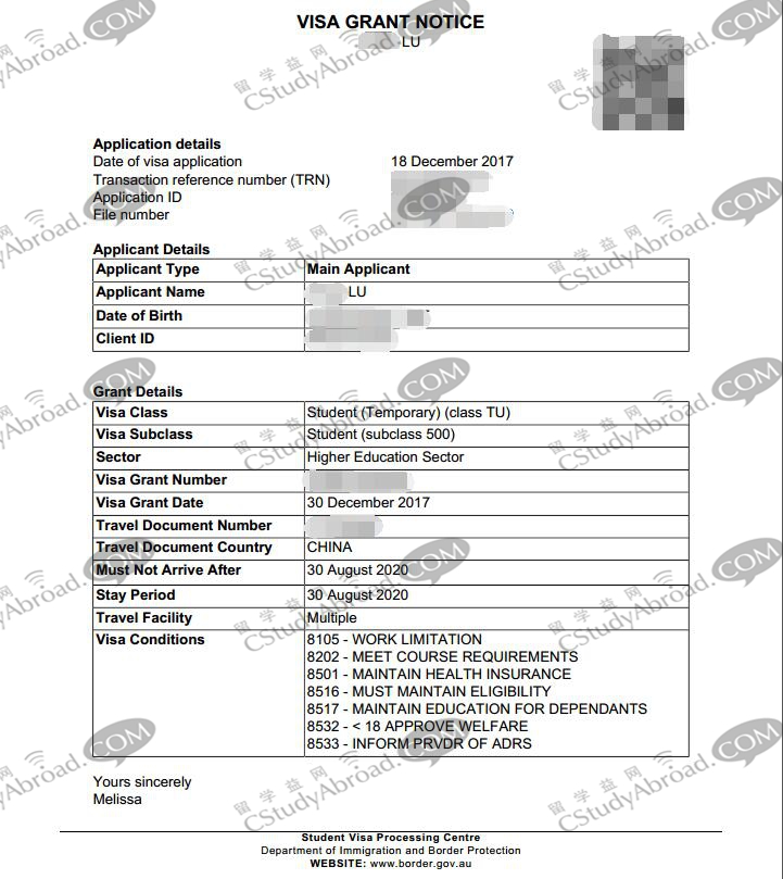 恭喜陆同学5个工作日获得澳洲学生签证！