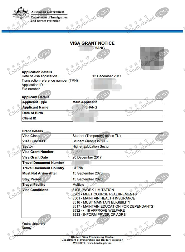 恭喜张同学5个工作日澳洲留学签证准签！
