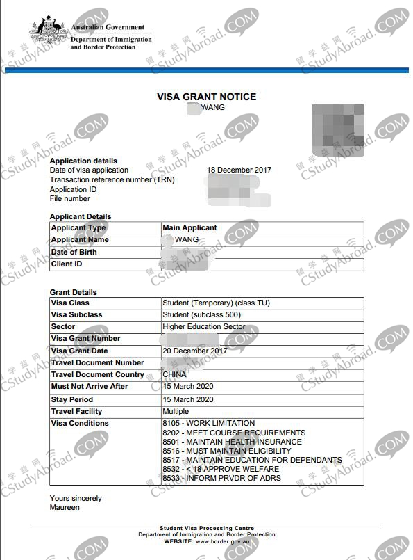 恭喜汪同学一个工作日澳洲学生签证准签！