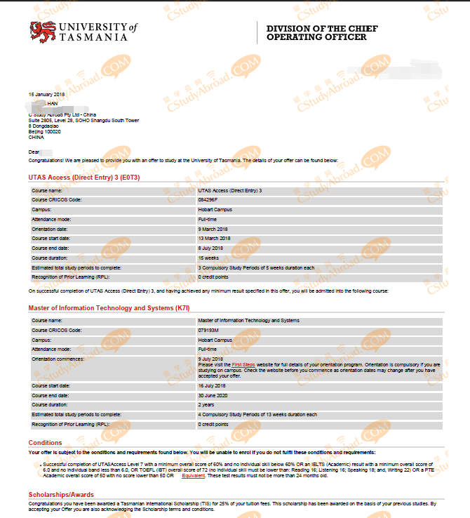 恭喜H同学获得塔斯马尼亚大学IT硕士offer！