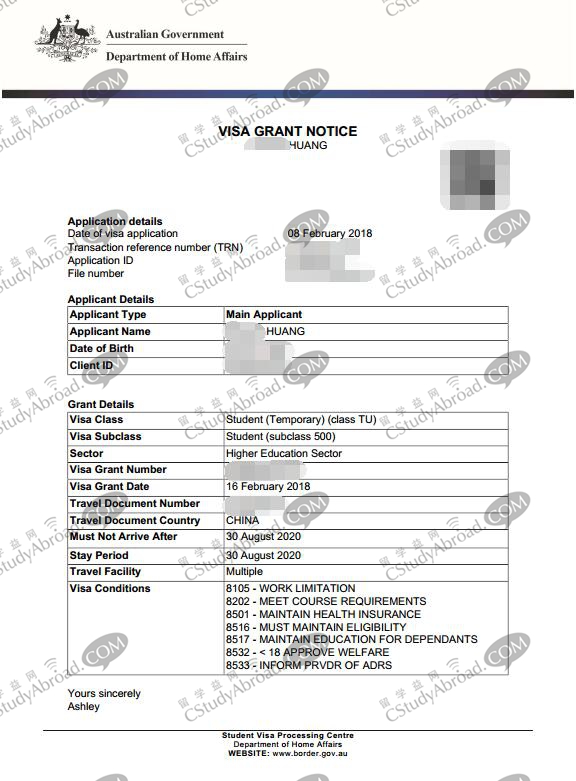 恭喜黄同学1周无电调获得澳洲学生签证！