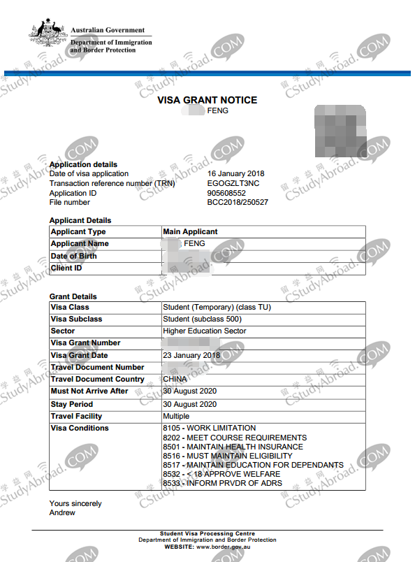 恭喜F同学1周无电调获得澳洲学生签证！