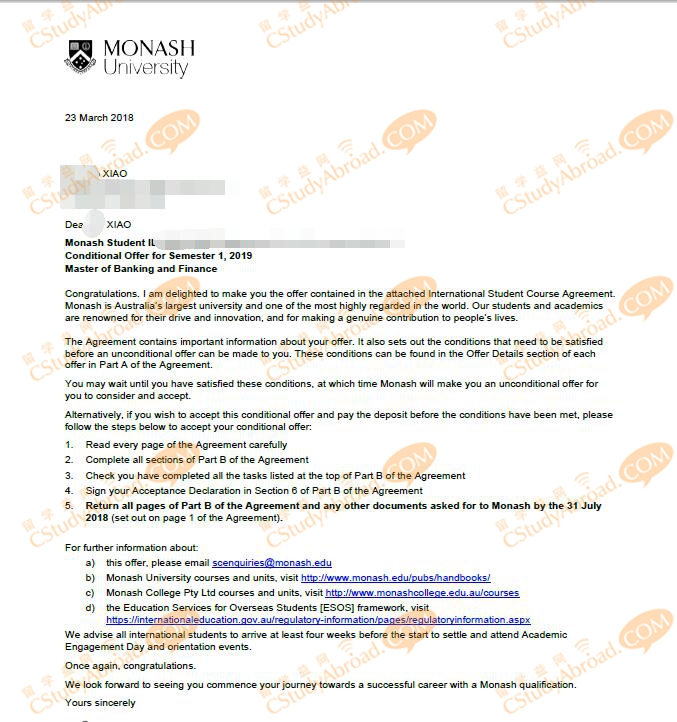 恭喜肖同学获得蒙纳士大学银行与金融硕士offer！