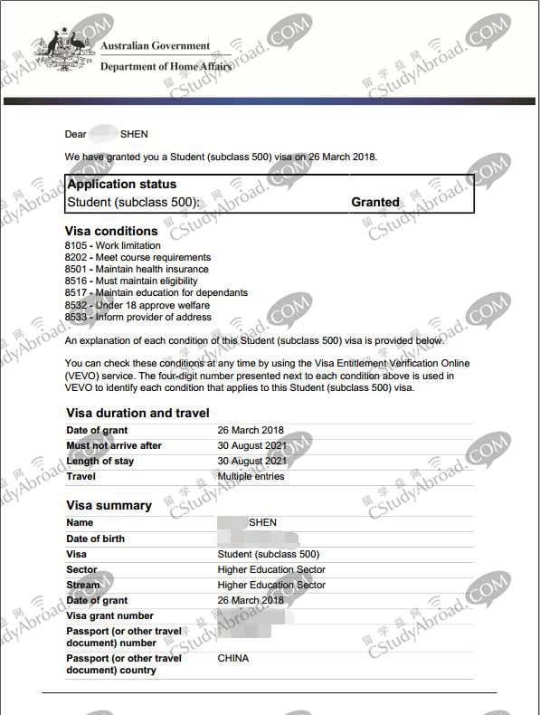 恭喜沈同学无电调获得澳洲留学签证！