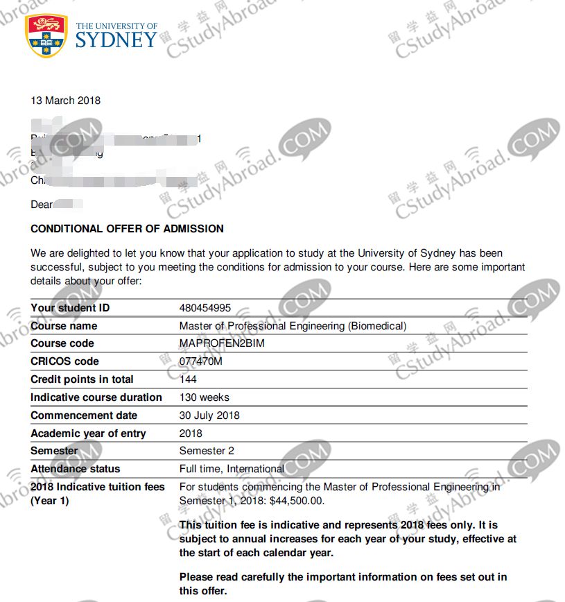 恭喜于同学获得悉尼大学生物医学工程offer！