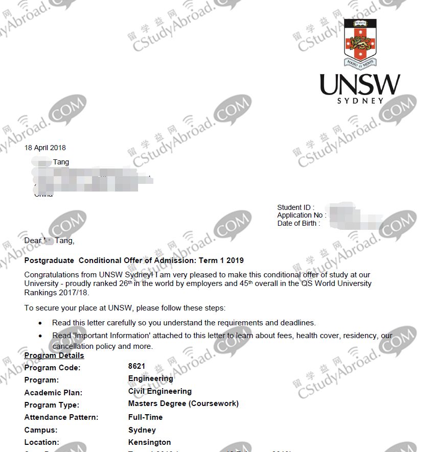 恭喜唐同学获得新南威尔士大学工程硕士offer！