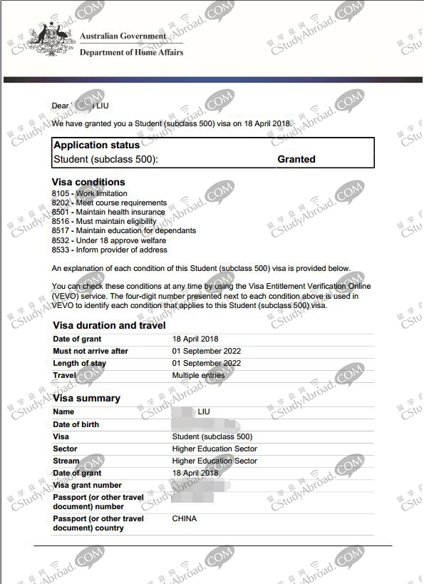 恭喜刘同学7天获得澳大利亚留学签证！