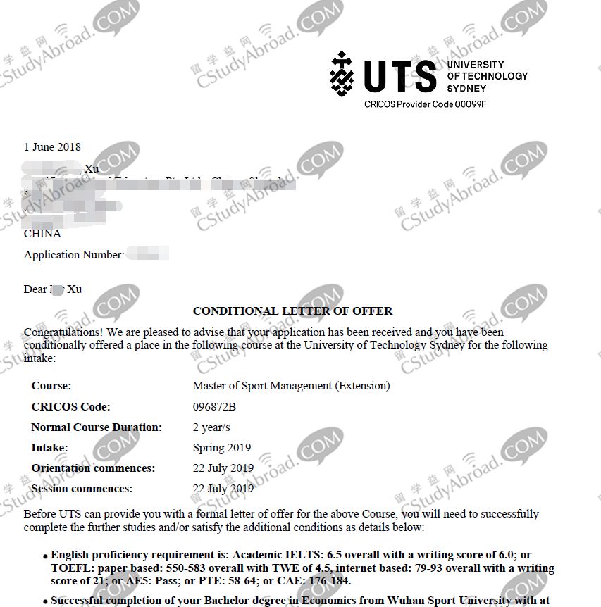 恭喜留学益网X同学获悉尼科技大学体育管理硕士offer！