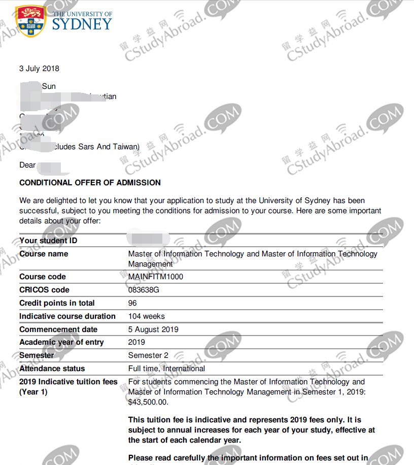 悉尼大学IT和IT管理硕士专业offer！