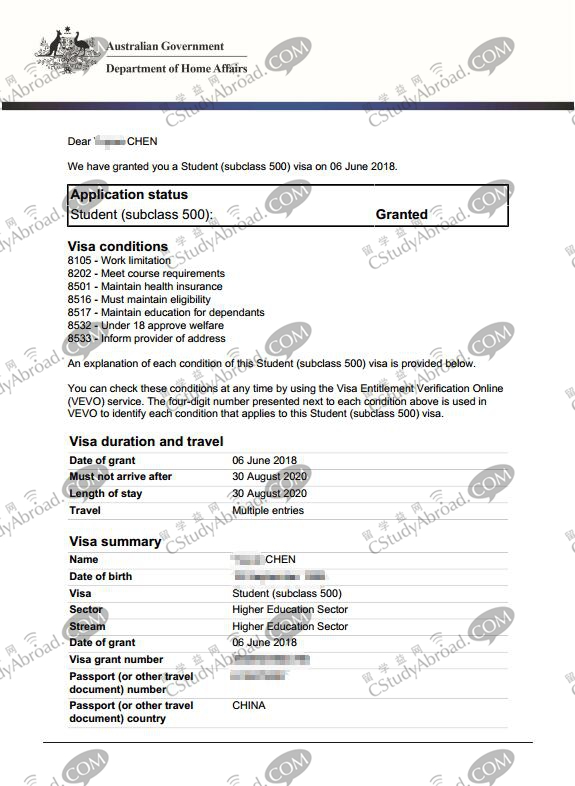 留学益网重庆陈同学澳大利亚留学签证秒签！