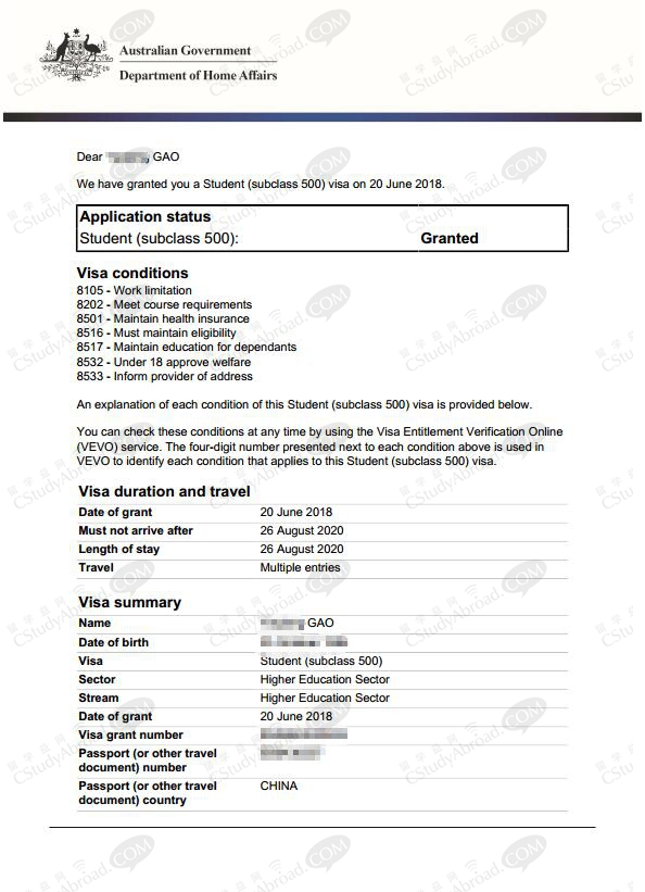 留学益网高同学5个工作日澳洲留学签证准签！