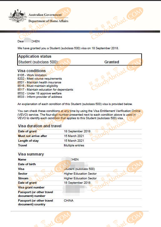 留学益网陈同学喜获澳洲500学生签证！
