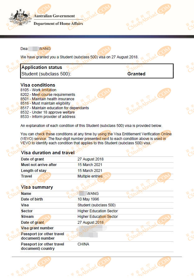 留学益网王同学喜获澳大利亚学生签证！