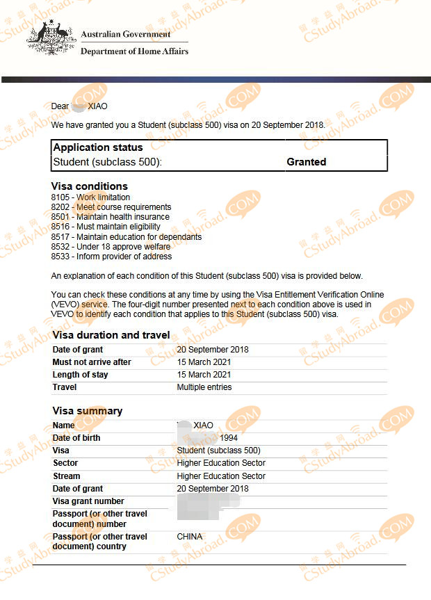 留学益网肖同学澳洲500学生签证获批！