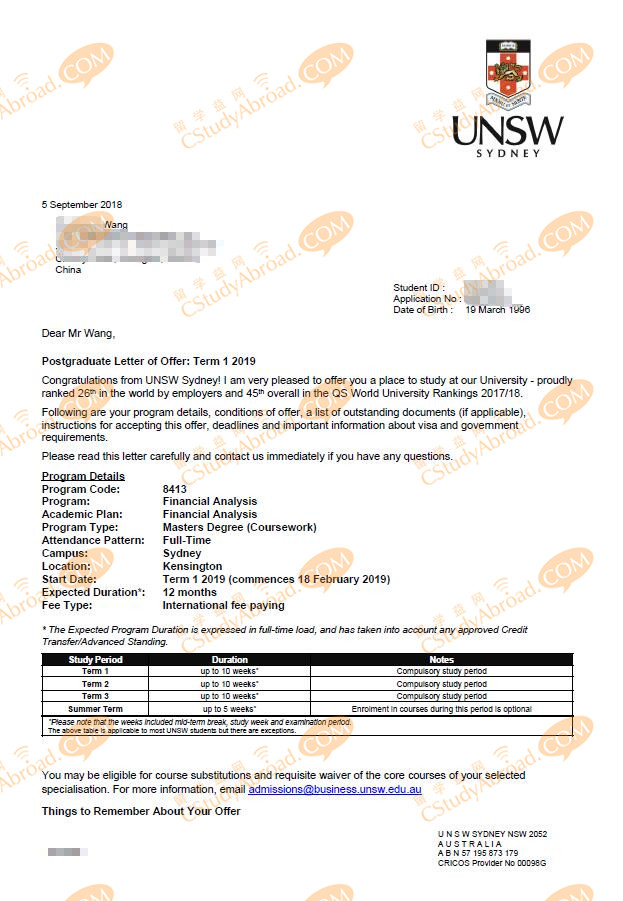 留学益网王同学喜获UNSW金融分析硕士offer！