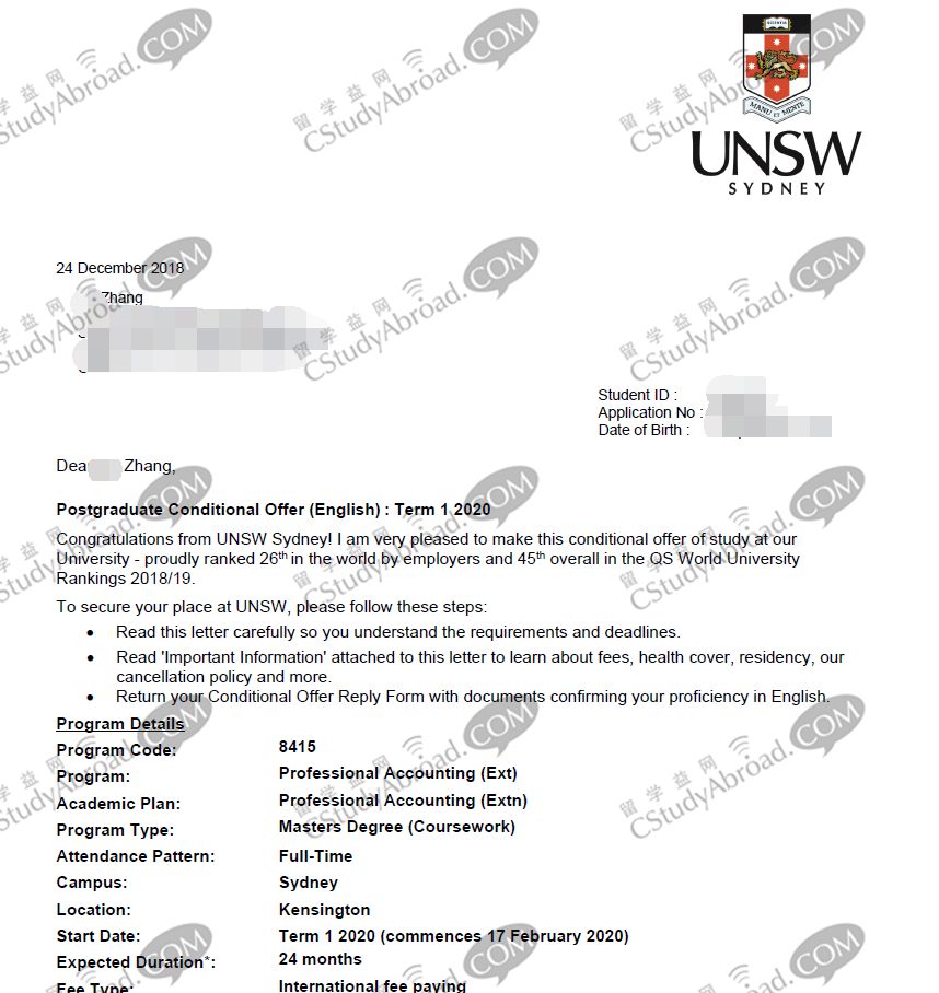 留学益网张同学喜获UNSW会计硕士专业offer！