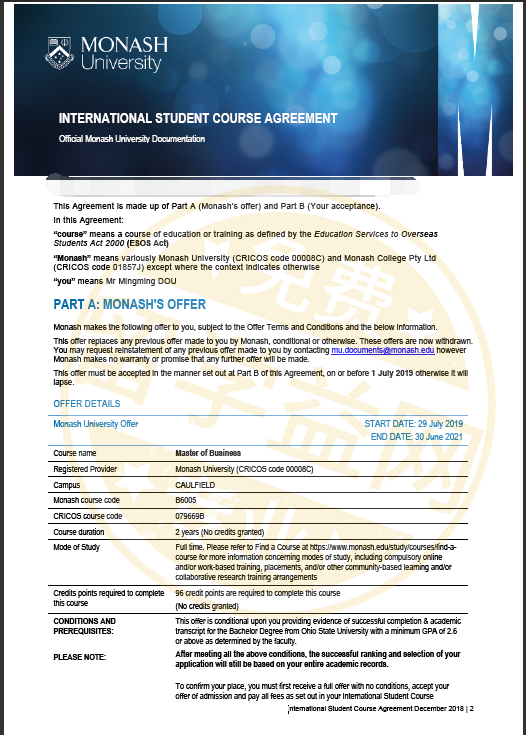 留学益网D同学喜获蒙纳士大学人力资源硕士offer!