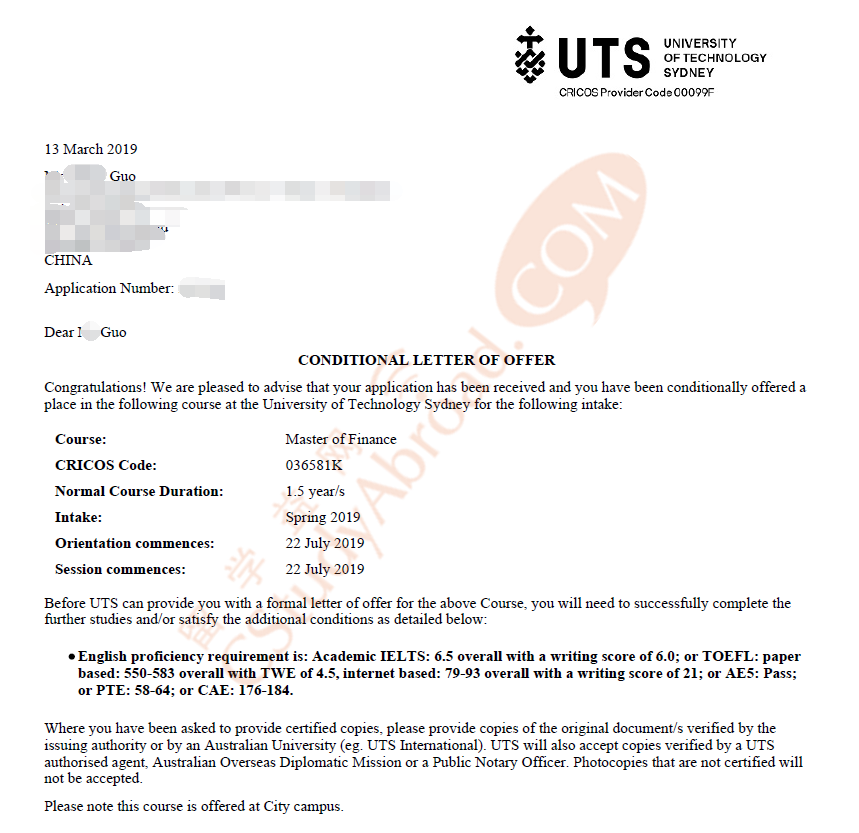 郭同学喜获麦考瑞大学和悉尼科技大学的金融硕士offer！