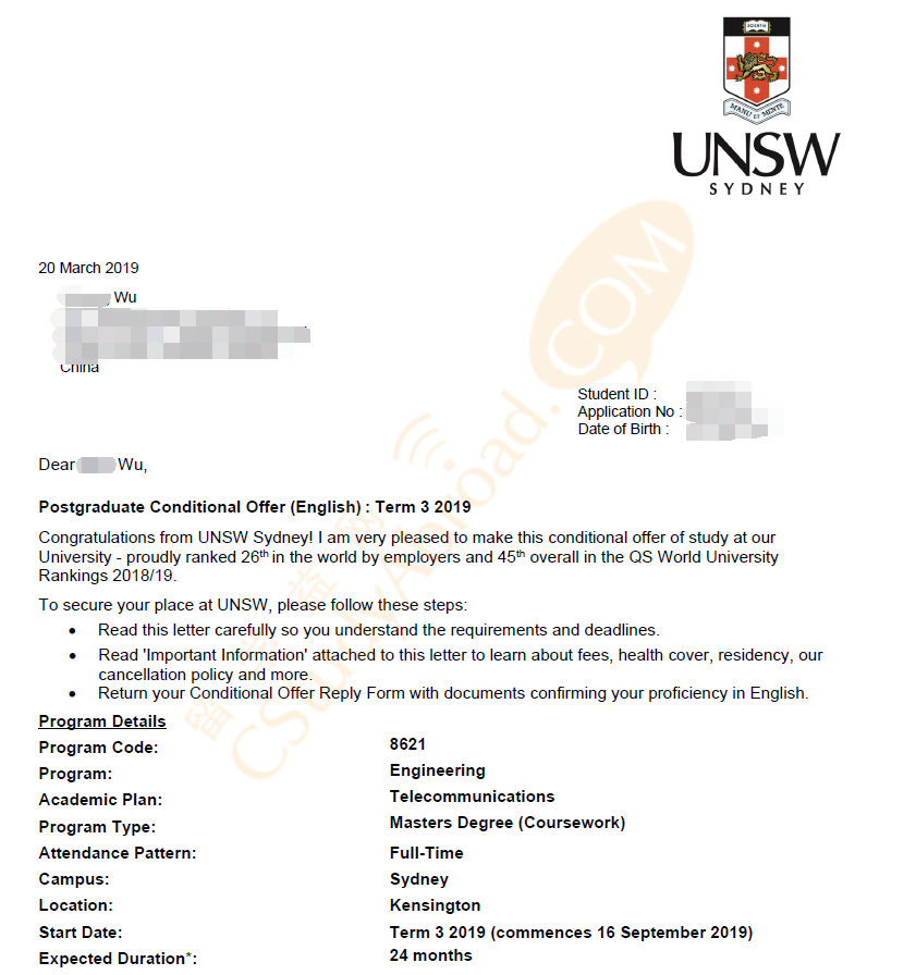 留学益网吴同学喜获两所澳洲八大名校工程硕士offer!