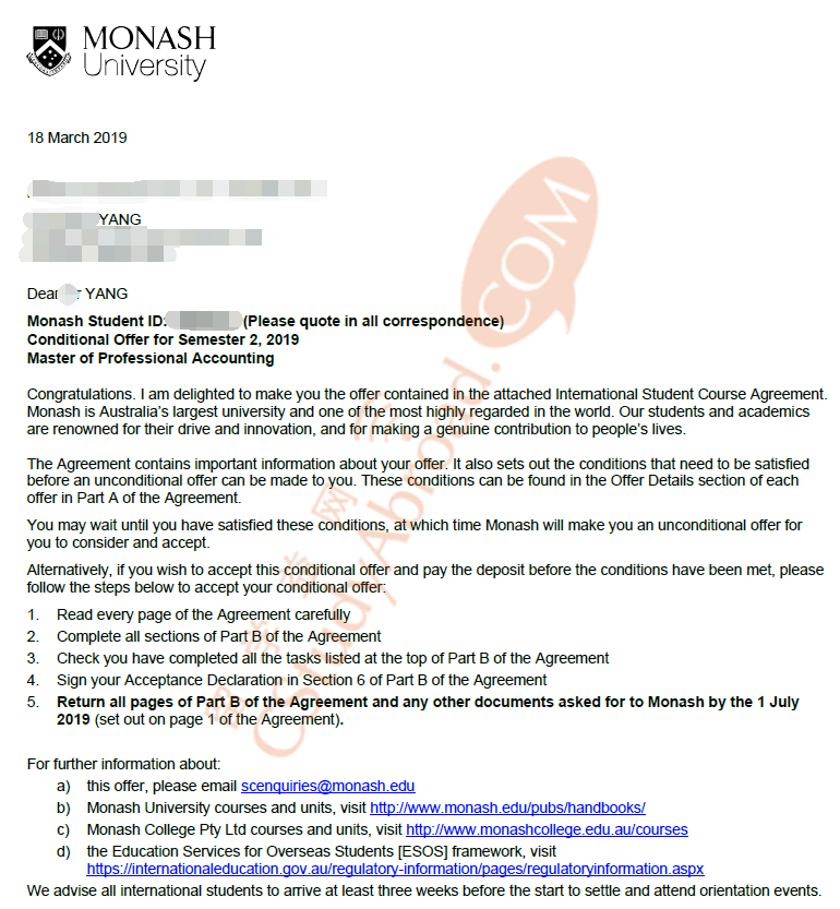恭喜留学益网杨同学被蒙纳士大学录取!