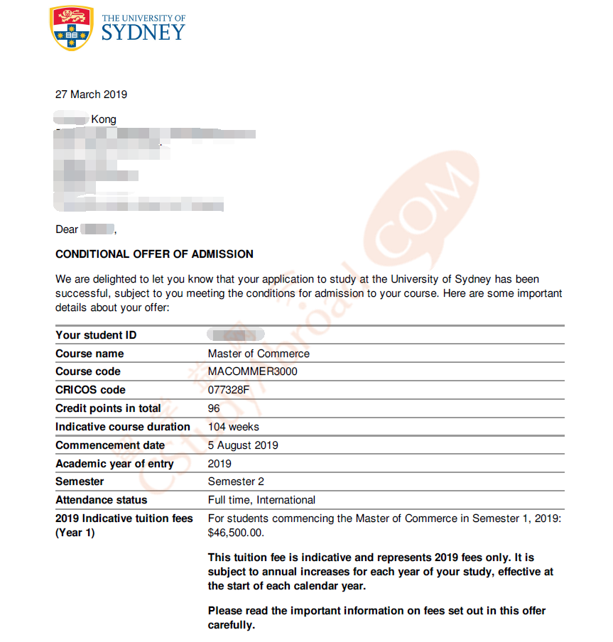 悉尼大学录取通知书