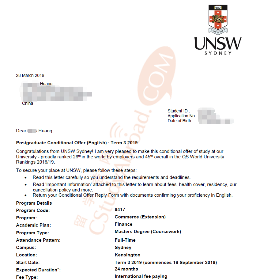 新南威尔士大学录取通知书！