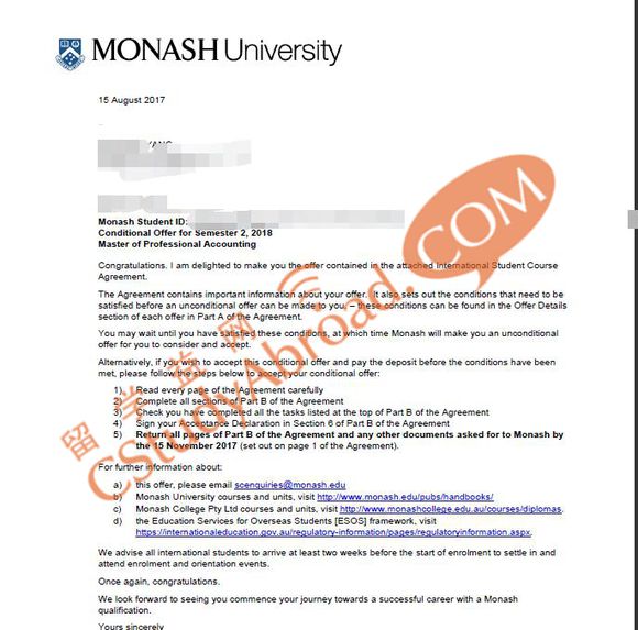 恭喜广东Y同学获得蒙纳士大学专业会计硕士offer！