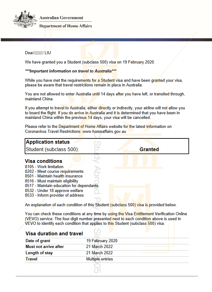 湖北刘同学顺利获得澳大利亚留学签证，将赴悉尼大学留学！