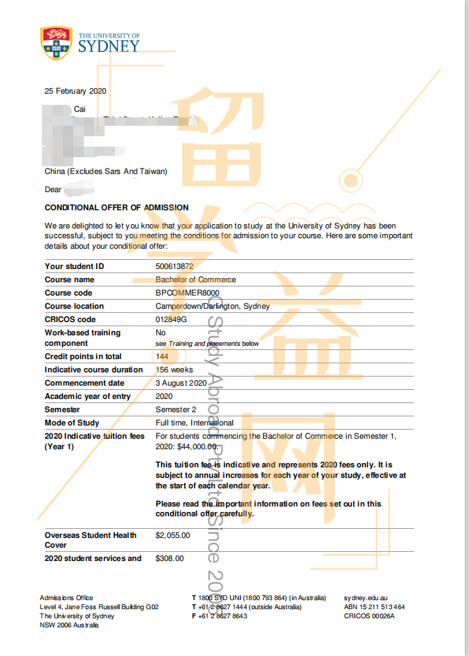 高考后留学，蔡同学喜获悉尼大学商科本科offer！