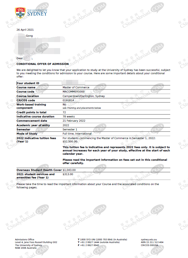 恭喜宫同学喜获悉尼大学商科硕士offer!